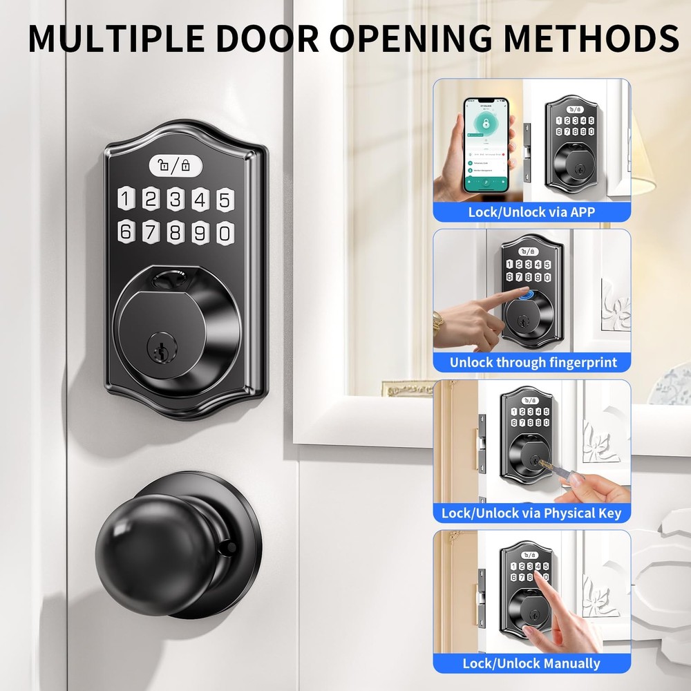 Keyless Entry Smart Lock Set: Front Door Fingerprint Deadbolt with Black