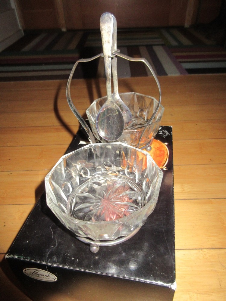 Vintage Leonard Silver MFG Silverplated & Crystal double jam dish w/ spoons #890