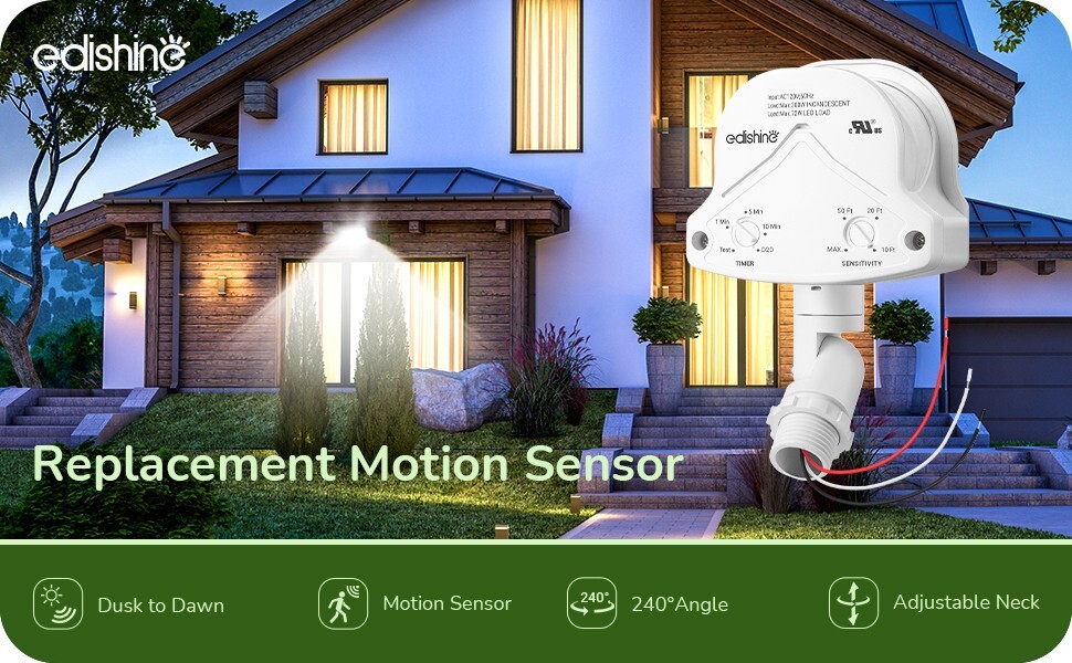 EDISHINE Motion Sensor, Automatic Dusk to Dawn, 240 Degree Replacement White