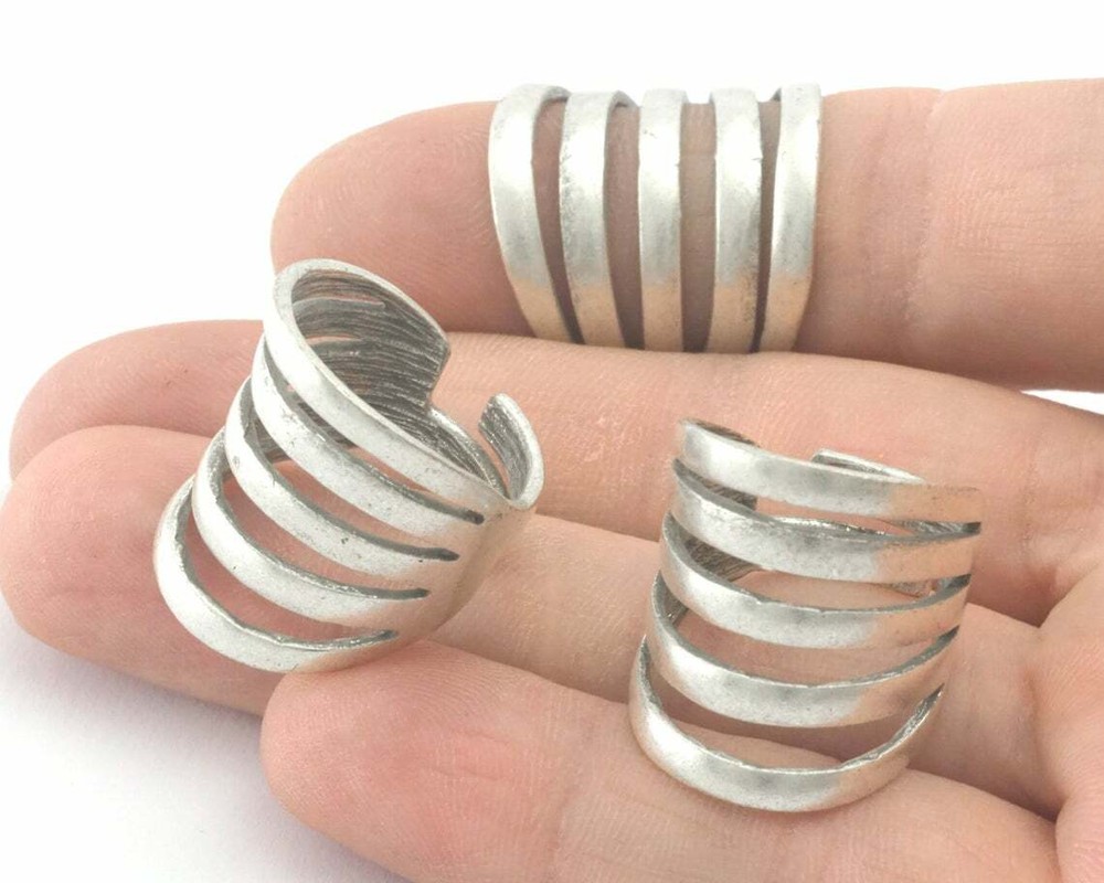 Stripes Statement Adjustable Band Ring Antique silver plated brass 5 - 9US 4326