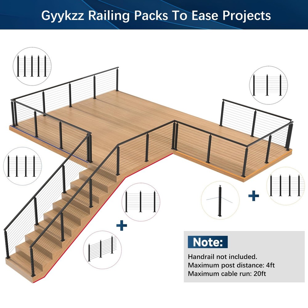 36" Cable Railing Post, Adjustable Top Level Drilled Railing Line Handrail Po...