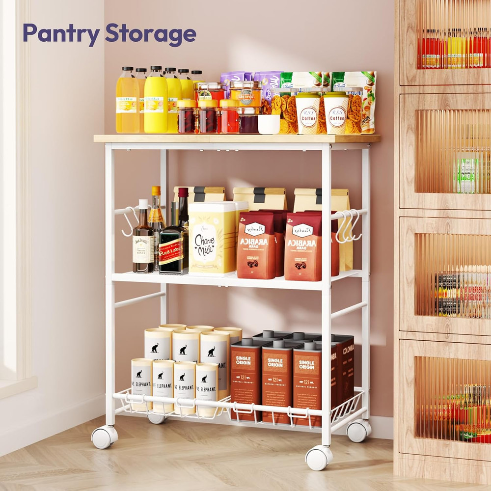 Rolling Kitchen Microwave Cart - 3 Tier Microwave Table Stand with Storage Baske