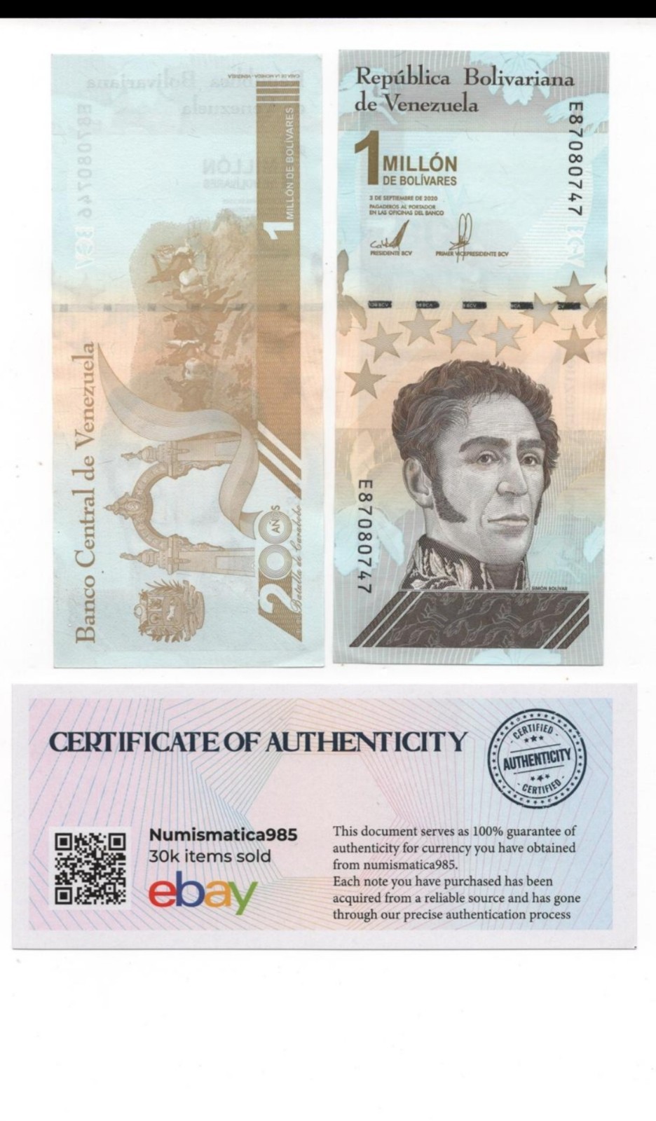 Venezuela 1 Million Bolivares 100 Banknotes year 2020 CIRCULATED COA