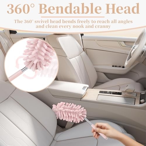 2 PCS Car Interior Duster with Extension Pole, Microfiber Car Duster with Pink