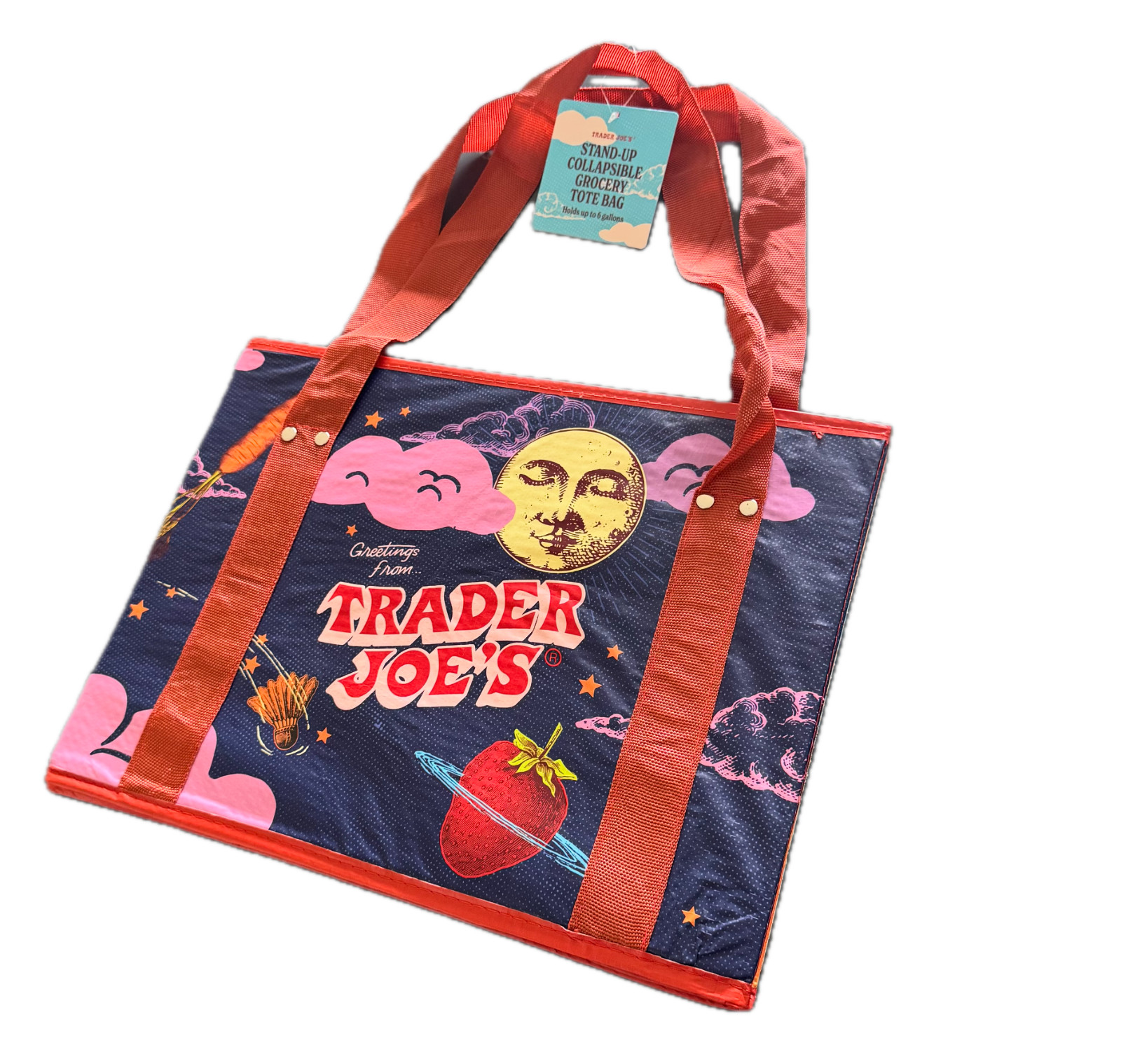 NEW TRADER JOE'S STAND UP COLLAPSIBLE TOTE GROCERY BAG. STURDY AND STORABLE
