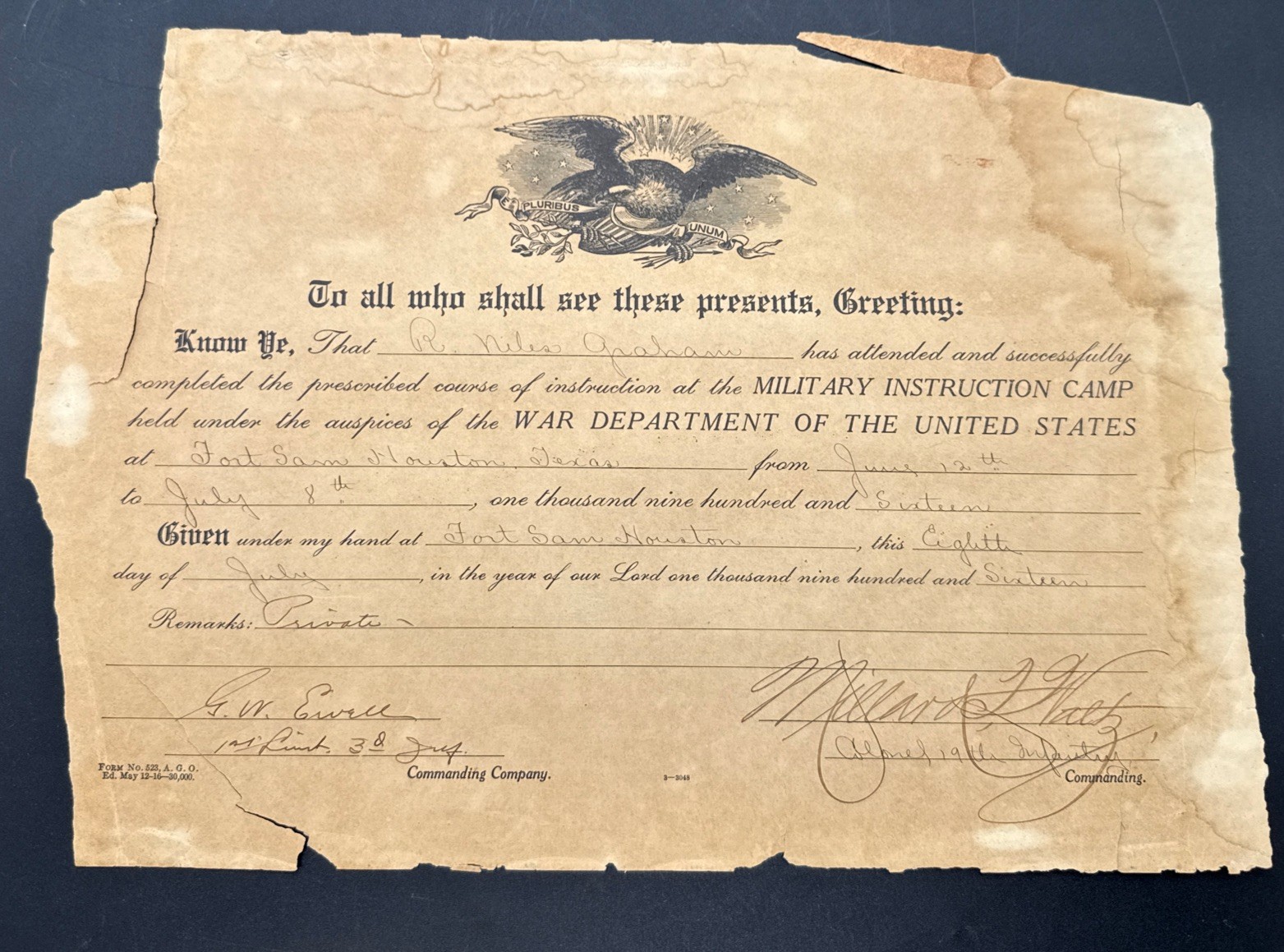 WWI 1916 U.S. Army Fort Sam Houston 3rd Infantry Regiment Military Instruction