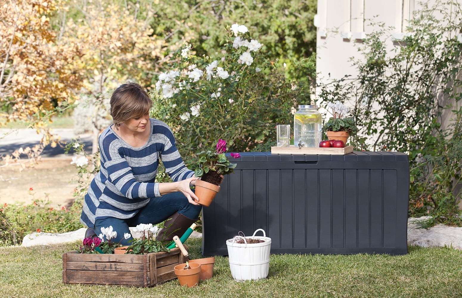 Keter Marvel Plus 71 Gallon Resin Outdoor Storage Box with Wood-Look Texture,