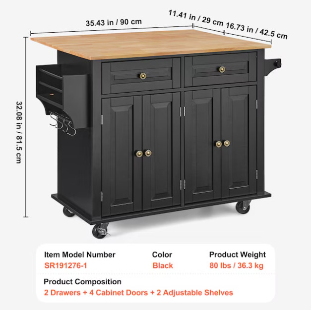 VEVOR 43-inch Rolling Kitchen Island Cart with Drop Leaf