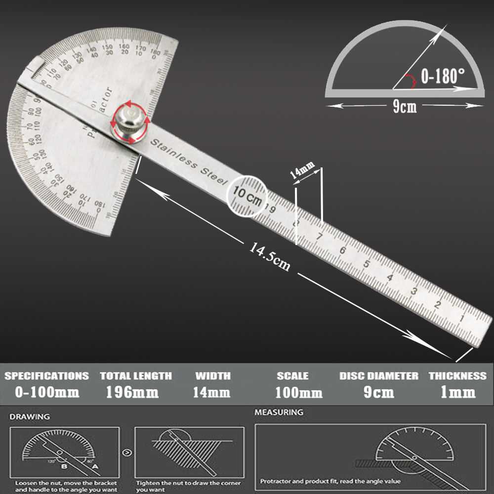 Stainless Steel 180 degree Protractor Angle Finder Rotary Measuring Ruler
