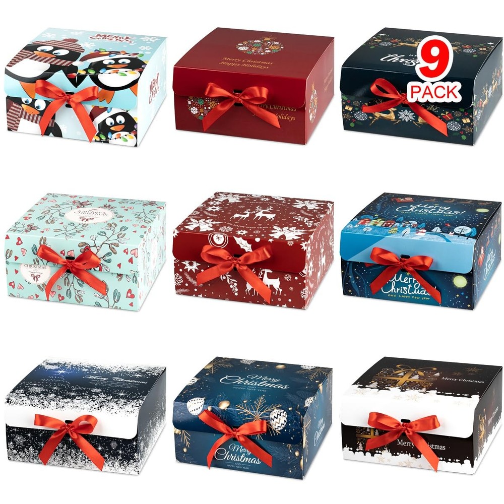 Christmas Gift Boxes with Lids 9 Pack Red Ribbon Themed Pattern Small Presents