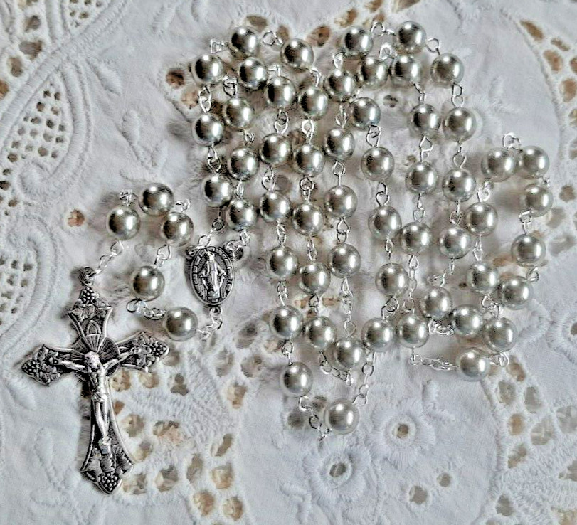 SILVER SMOKE CZECH GLASS PEARL ROSARY IN SILVER