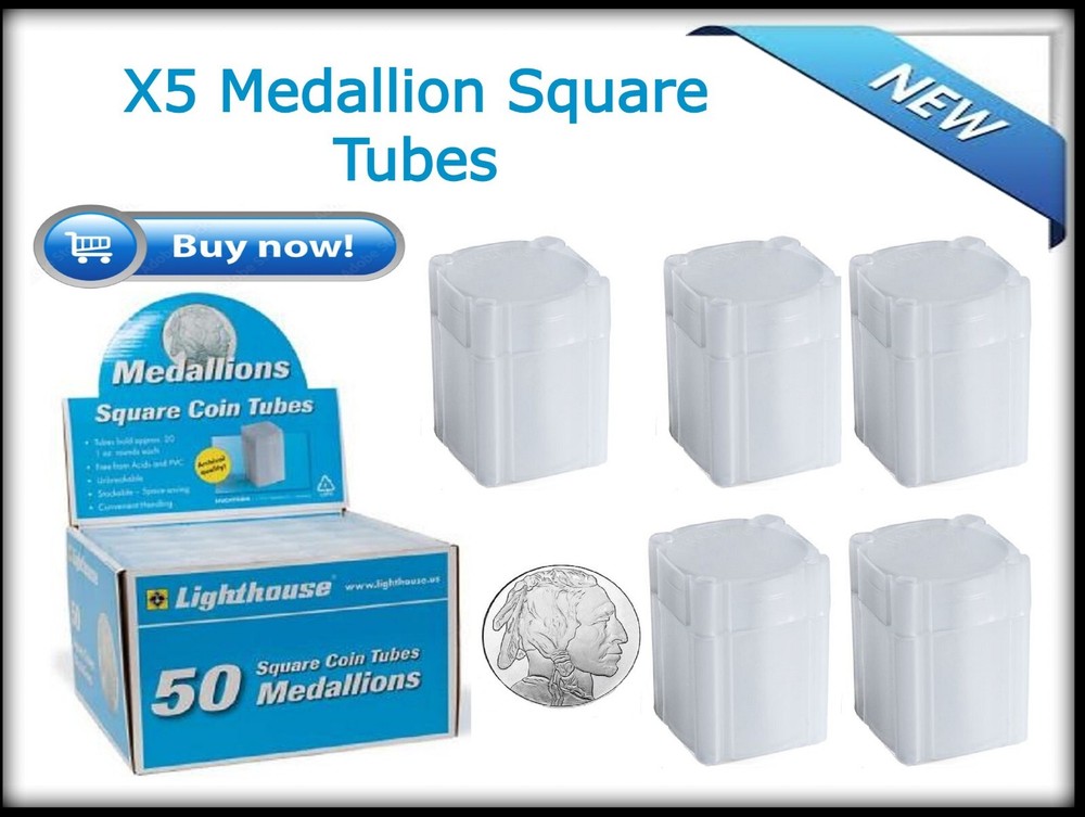 X5 Lighthouse Square Tubes Medallion /SIlver  40mm Archival Quality & Stackable
