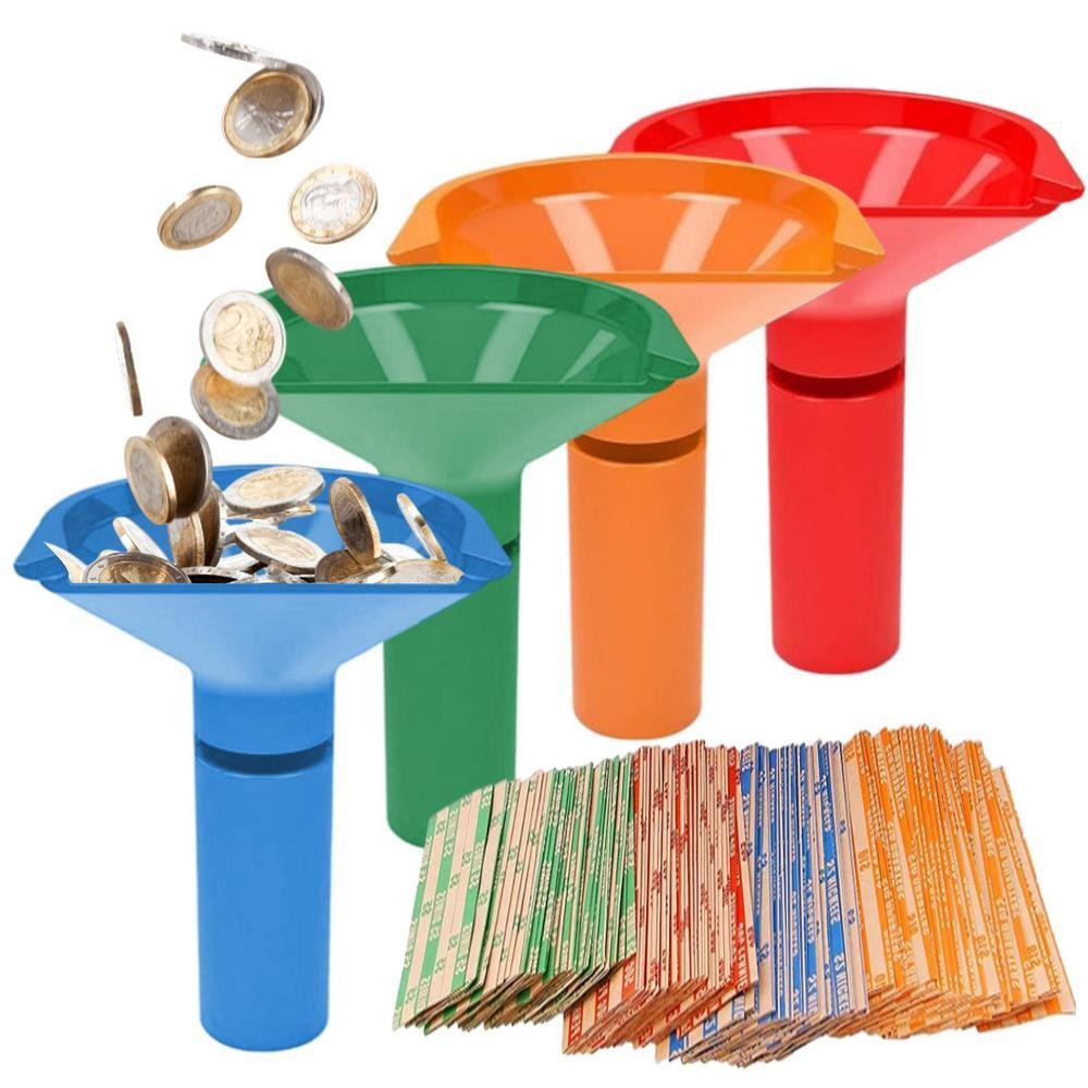 4Pc Coin Counters & Coin Sorters Tubes Bundle of 4 Color-Coded Assorted Wrappers