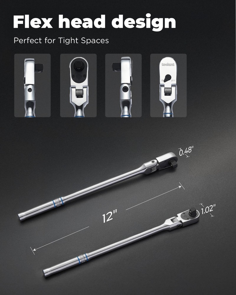 3/8" Drive Flex Head Ratchet Wrenches, 90 Tooth Compact Flex Head Socket Ratc...