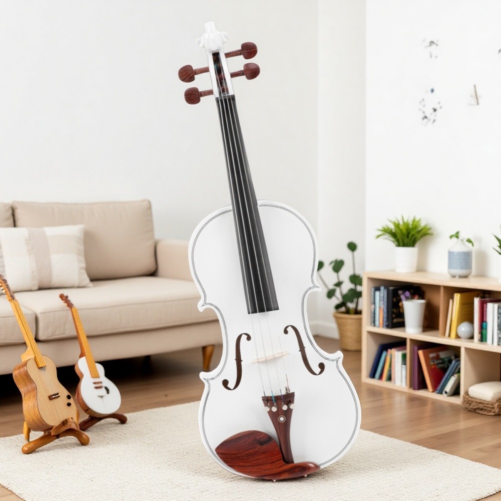 4/4 Solid Spruce Top Acoustic Beginner Violin Set - Tuner, White, Shoulder Rest