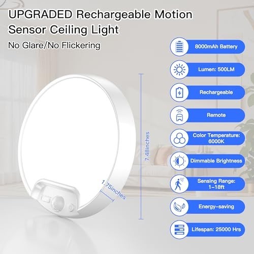 2 Pack Rechargeable Motion Sensor Ceiling Light with Remote - Battery-Powered 60