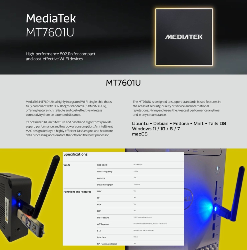 USB WiFi Adapter for Linux Tails Kali Ubuntu Fedora +macOS +Windows +Android