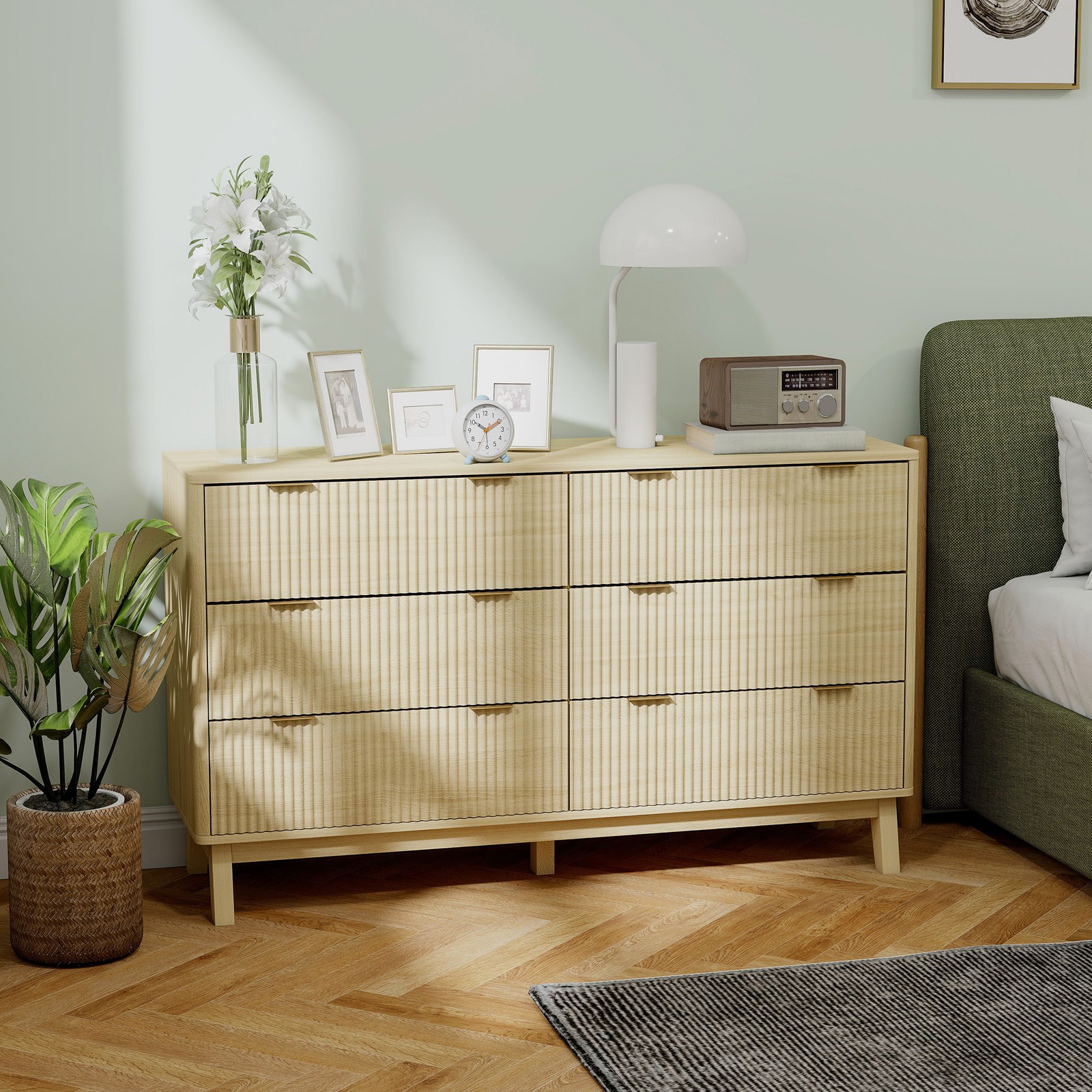 HOMCOM 6 Drawer Dresser for Bedroom, Fluted Chest of Drawers, Natural Wood