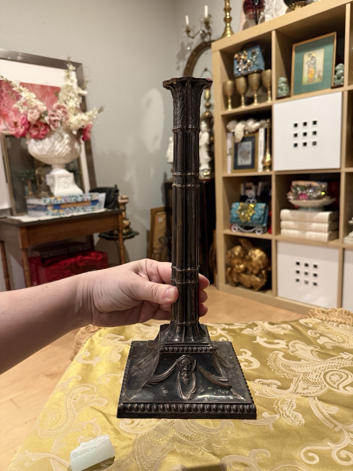 Antique Corinthian Column Silver Plate Old Sheffield Candlestick C. 1800 12 Inch