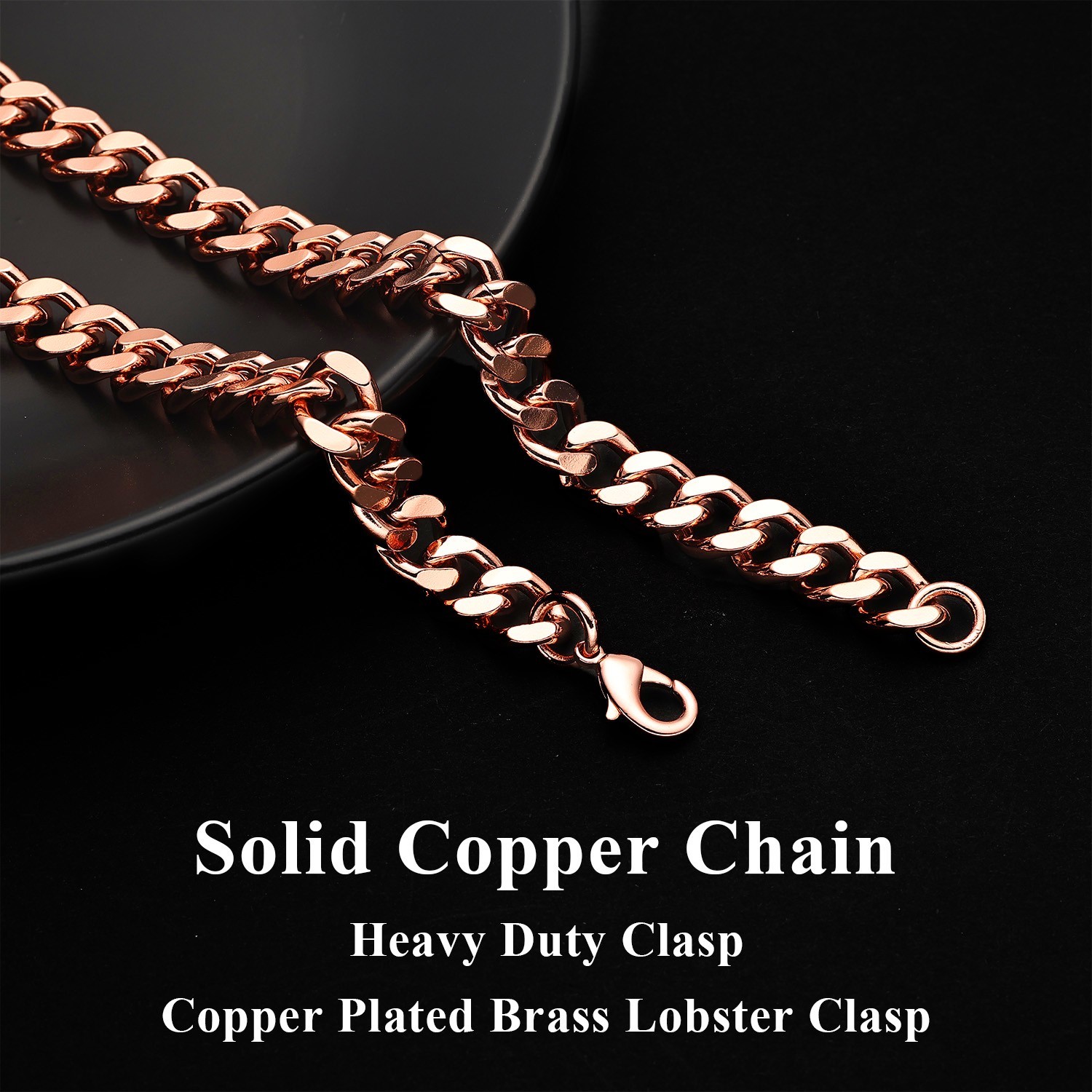 99.9% Pure Copper Necklace Cuban Curb Chain- 5, 7, 9, 12mm Widths 18"-26" Length