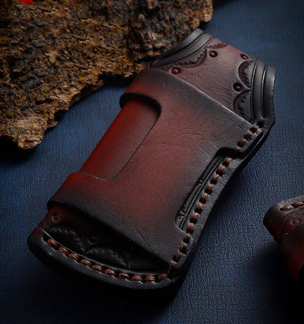 Hand Made Carved Cow Leather Sheath For Folding Knife Cover Pouch Belt Clip US