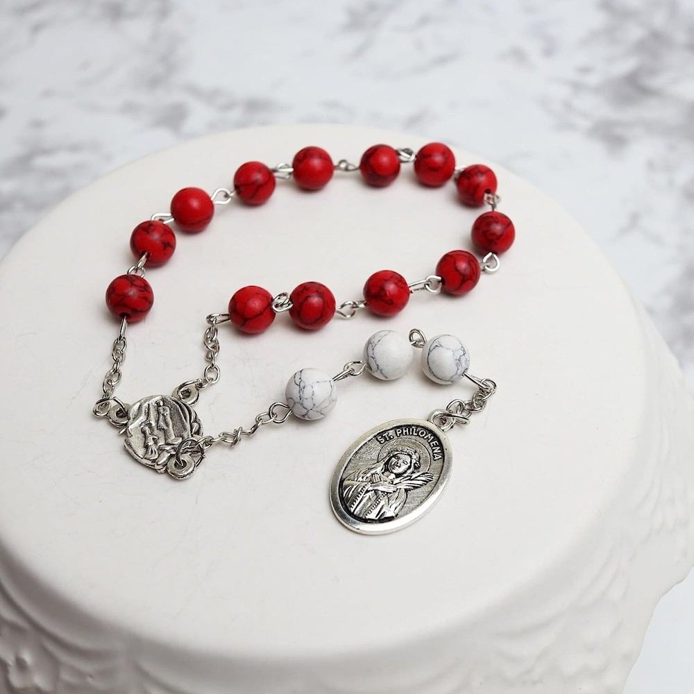 Silver Tone and Red Bead St Philomena Intention Chaplet Prayer Card Set 9 In