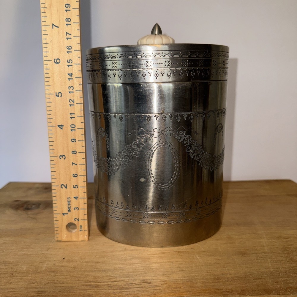 Vintage Silverplate Engraved Tea Caddy Biscuit Barrel Oval 7.5"