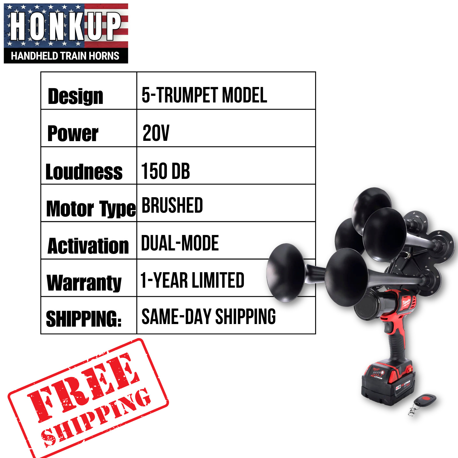 Milwaukee M18 Train Air Horn - Impact Drill Train Horn 5-Trumpet Penta + REMOTE