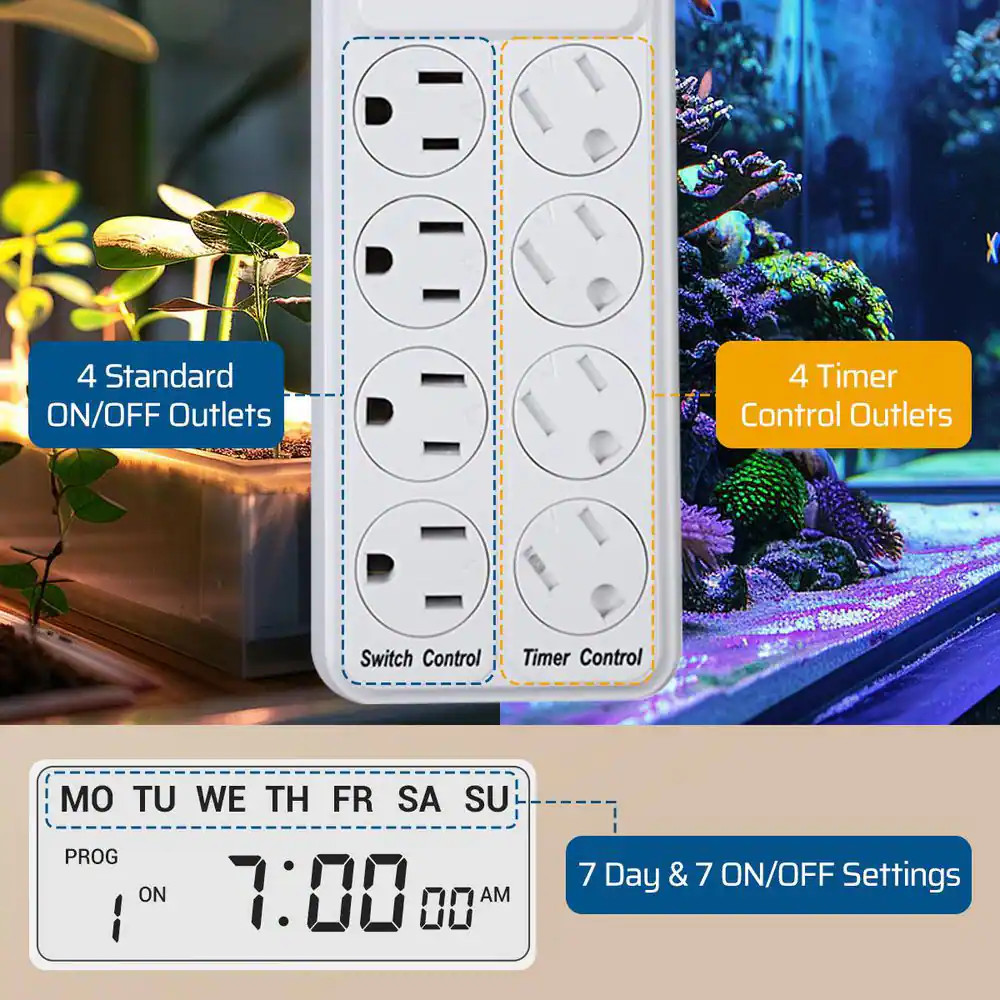 Mechanical Indoor Timer Power Strip with 8-Outlets, Countdown, Flat Plug, 6 Ft.
