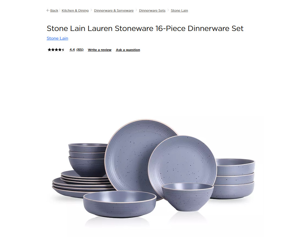 Stone Lain Lauren Stoneware 16-Piece Dinnerware Set Light Gray