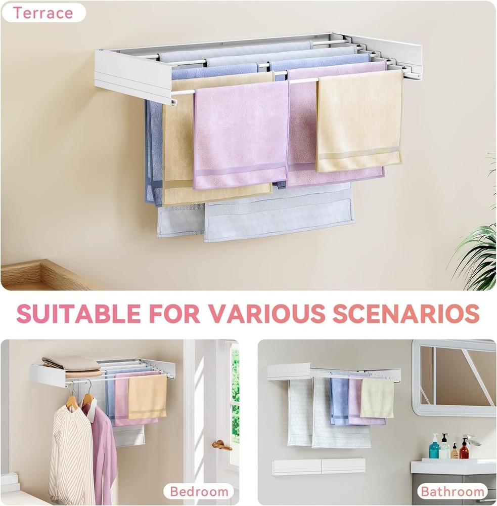 Wall Mounted Clothes Drying Rack Retractable Foldable Laundry Towel Rail White