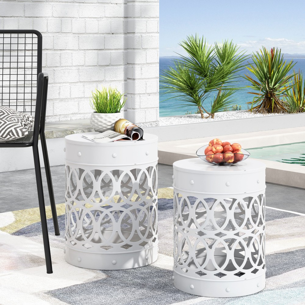 Modern White Iron Side Table Set, 2-Piece Nesting End Tables for Living Room