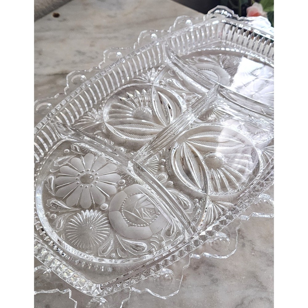 Cut Crystal Divided Serving Tray, Floral Design