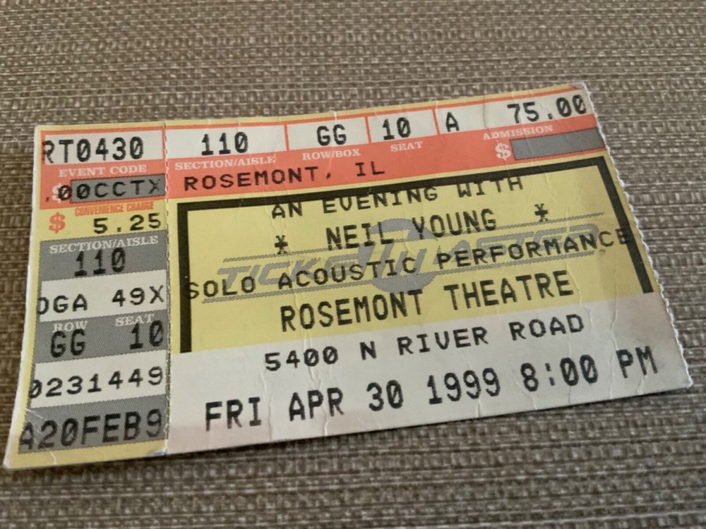 Neil Young Solo Acoustic Live Concert Ticket Stub Apr 30th 1999 Rosemont Theatre