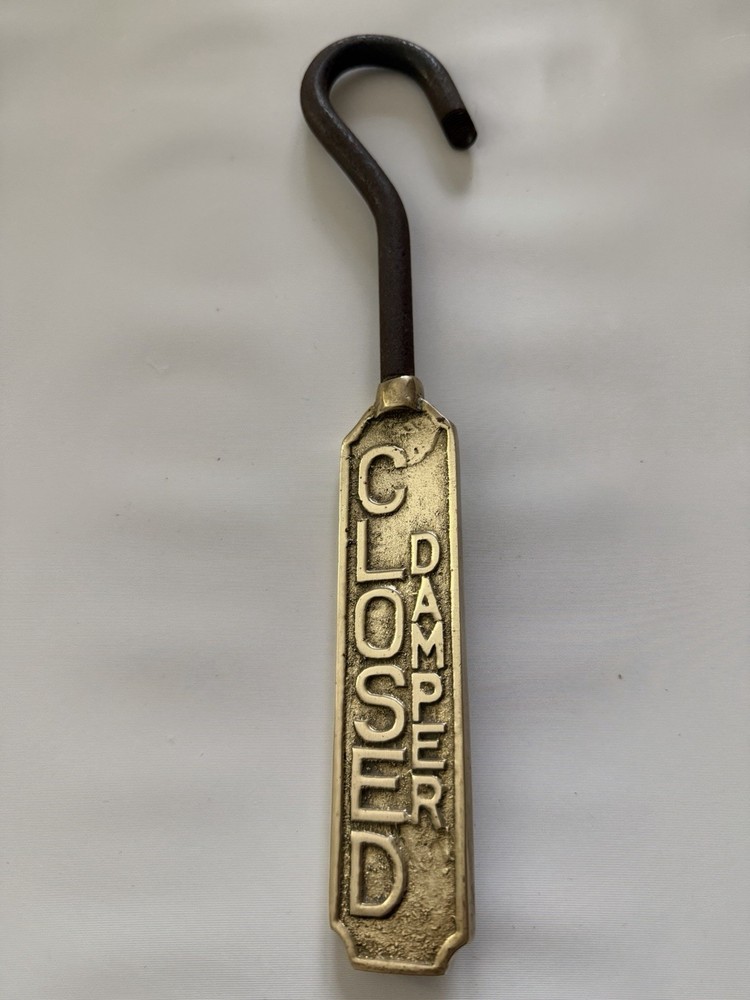 Vtg Solid Brass & Iron Fireplace Damper Open/Closed Hanging Sign Flue Pull Hook