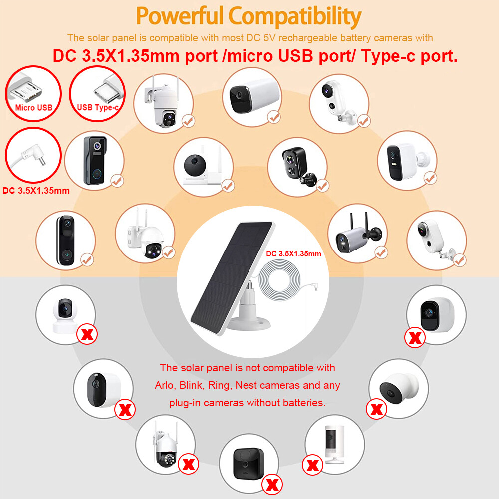 4W Universal Solar Panel for Ring Stick Up Spotlight Camera Battery 10ft Cable