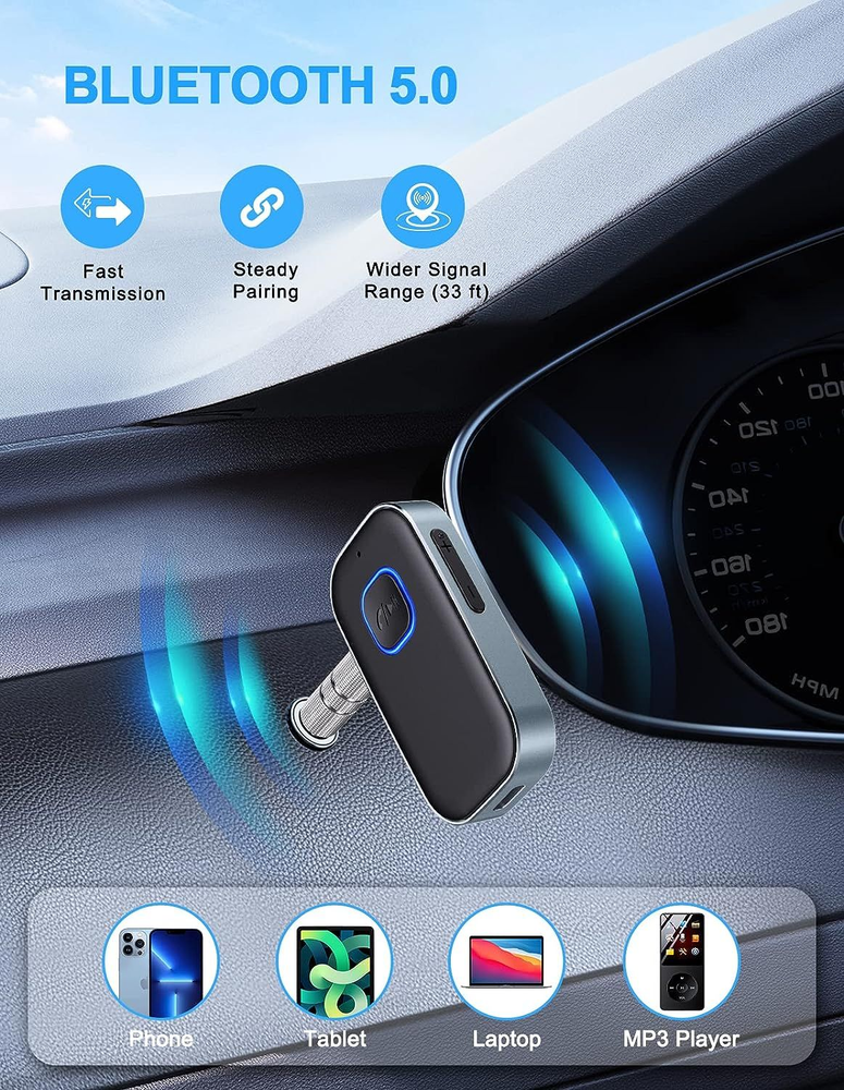 COMSOON Bluetooth AUX Adapter for Car, Noise Reduction Small, Black+Gray