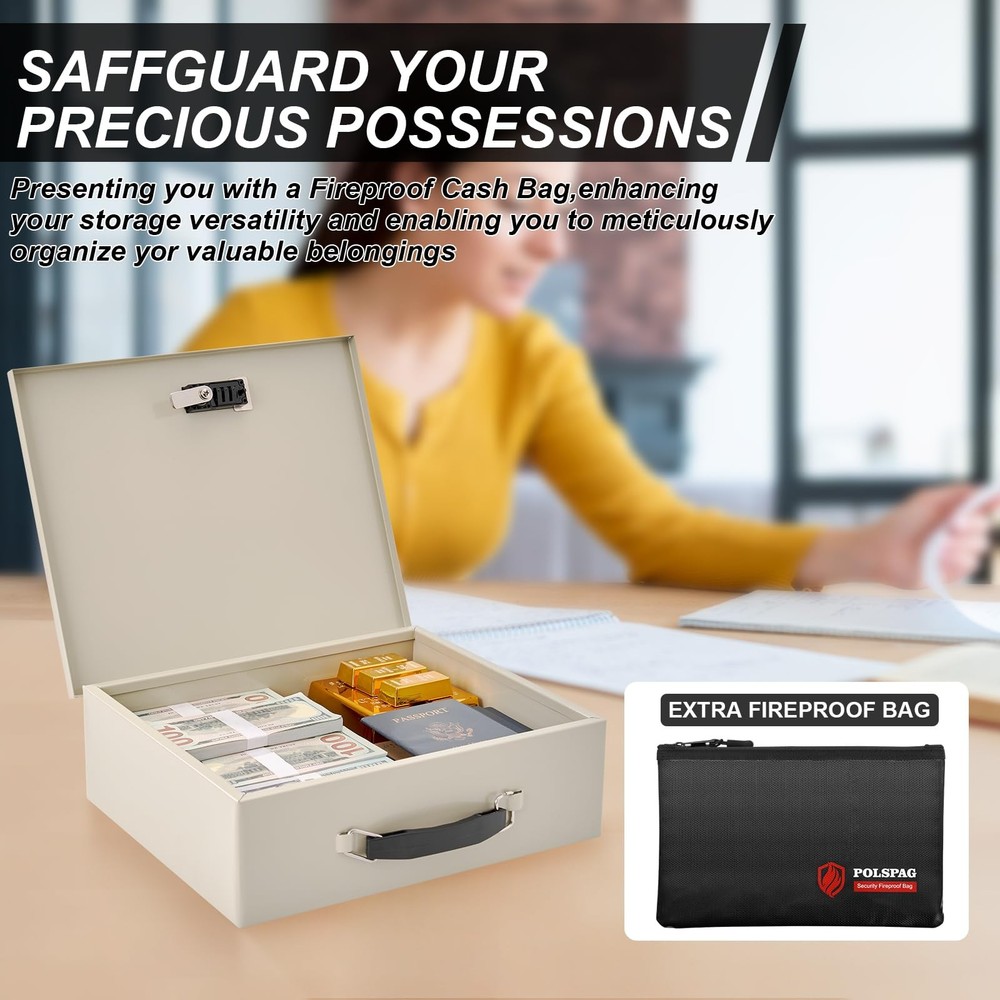 Fireproof Document Box with Key Lock & Large, White-Combination