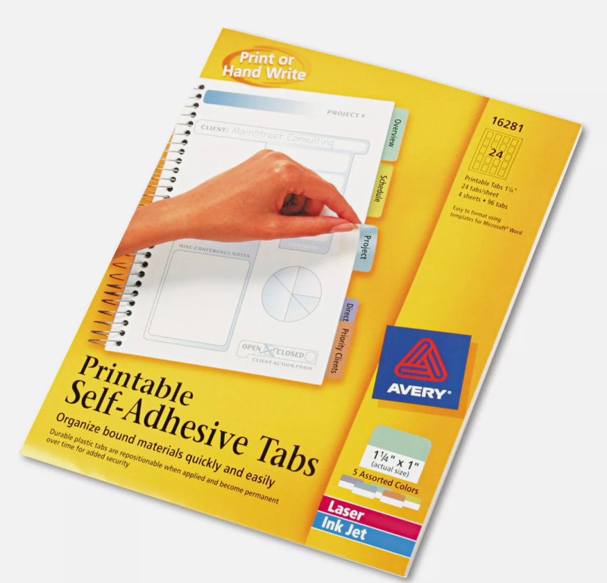 Avery Printable Plastic Tabs w/ Repositionable Adhesive 1 1/4 Assorted 96/PackU5