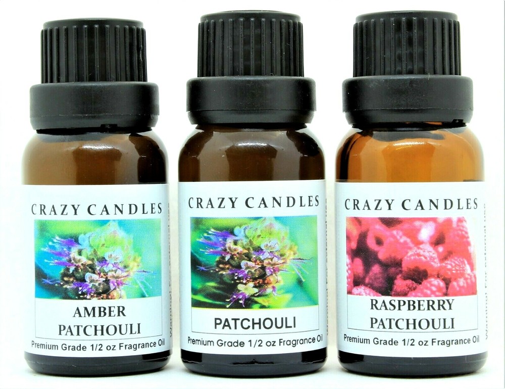 3 Oil Amber Patchouli, Patchouli, Raspberry Patchoul 1/2oz Premium Crazy Candles