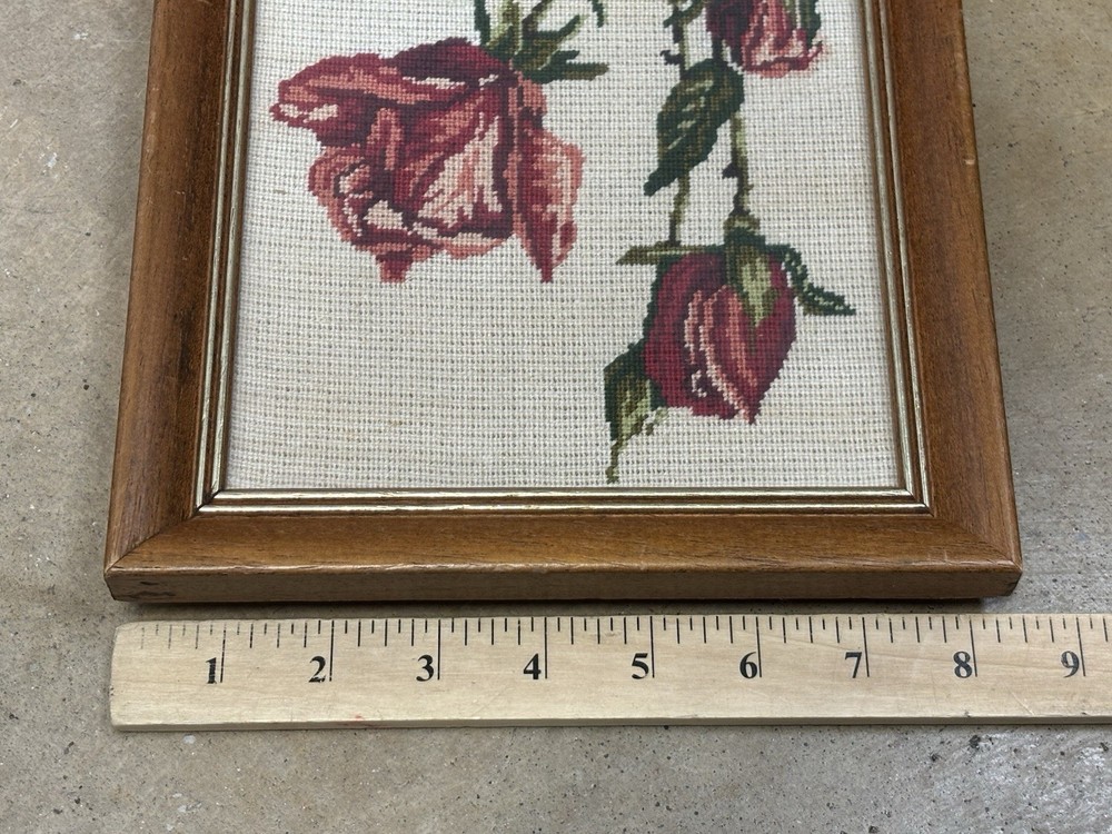 Vtg Framed Floral Roses Needlework Art Rectangular Gallery Wall Kitschy