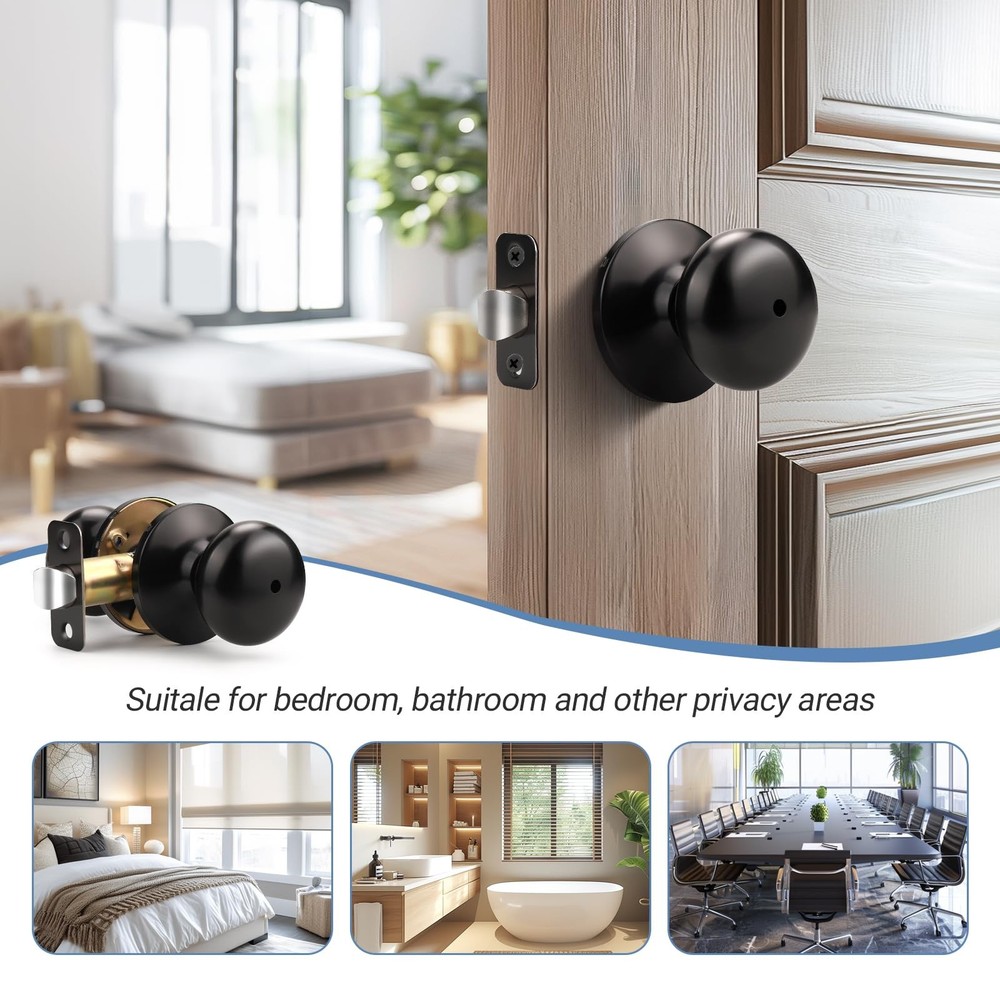 6 Pack Privacy Door Knob Matte Black, Round Interior Door Knobs for Bathroom ...