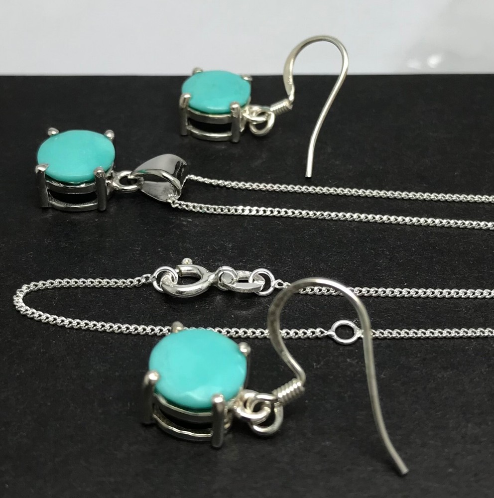 turquoise drop earrings pendant set solid Sterling Silver natural Round. Box.