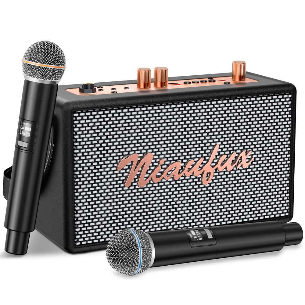 Retro Karaoke Machine: Portable Bluetooth Speaker, 2 Wireless Mics, Home Part...