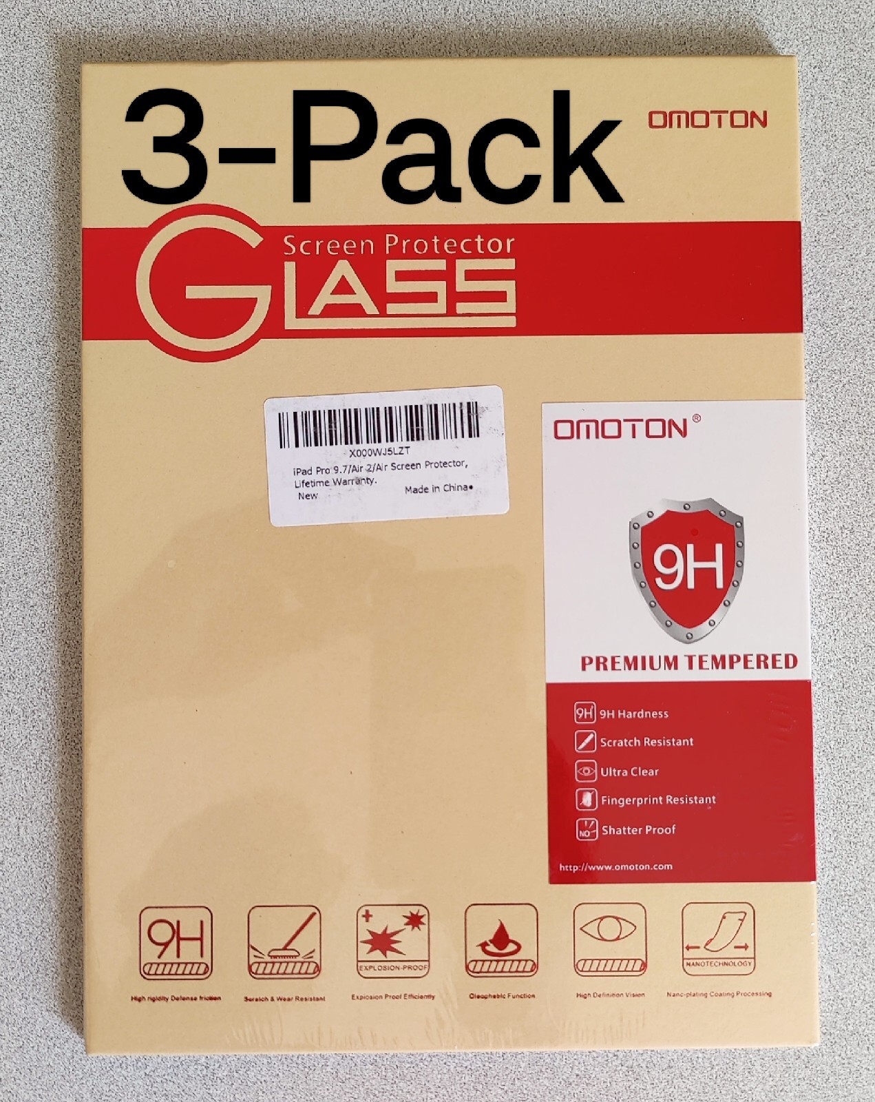 3-Pack Premium Tempered Glass Screen Protector: Apple iPad Pro 9.7", Air 2, Air
