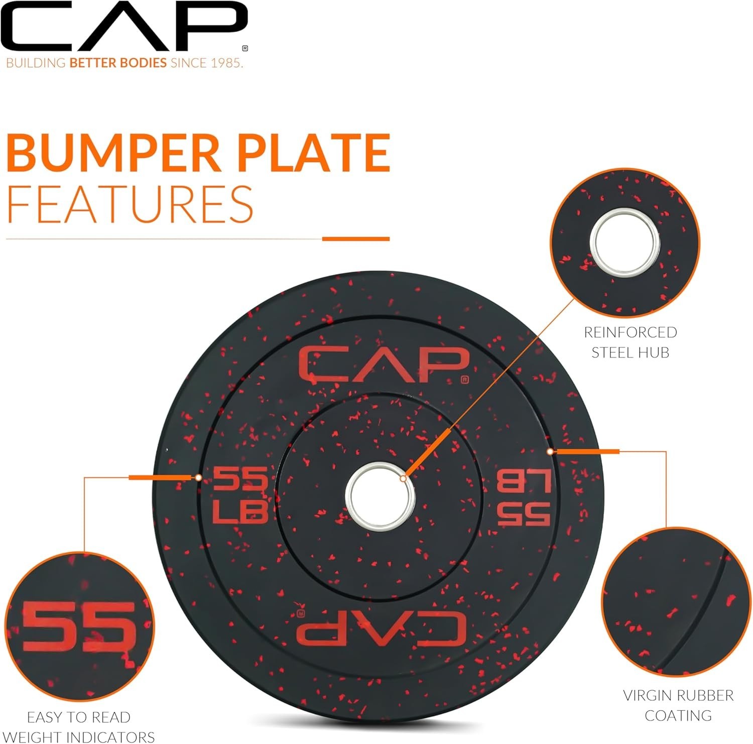 CAP Barbell Economy - Speckled Olympic Bumper Plate Set with Color Logo, Blac