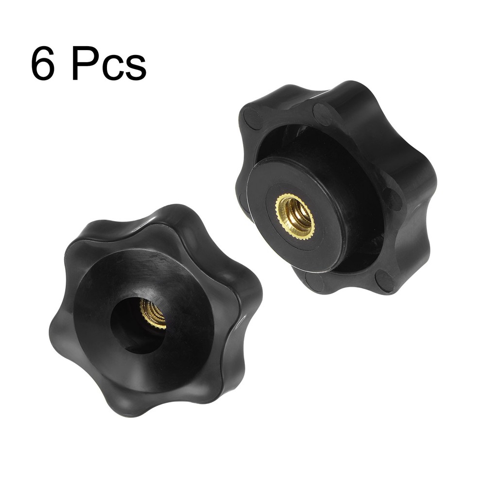 6pcs - Star Knobs 1/4-20 Thread 38mm Head Through Hole Brass Insert Knob Black