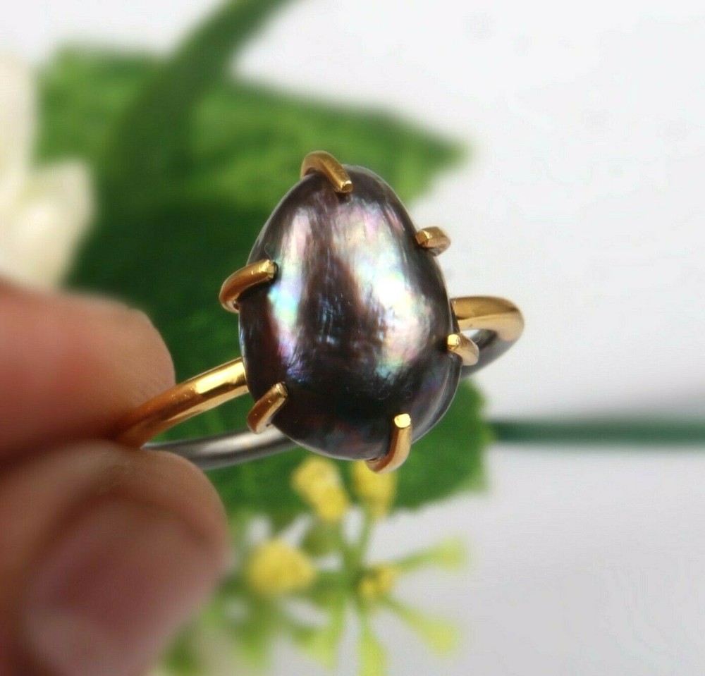 Peacock Black Pearl Engagement Ring 925 Sterling Silver Two Tone Stack Ring