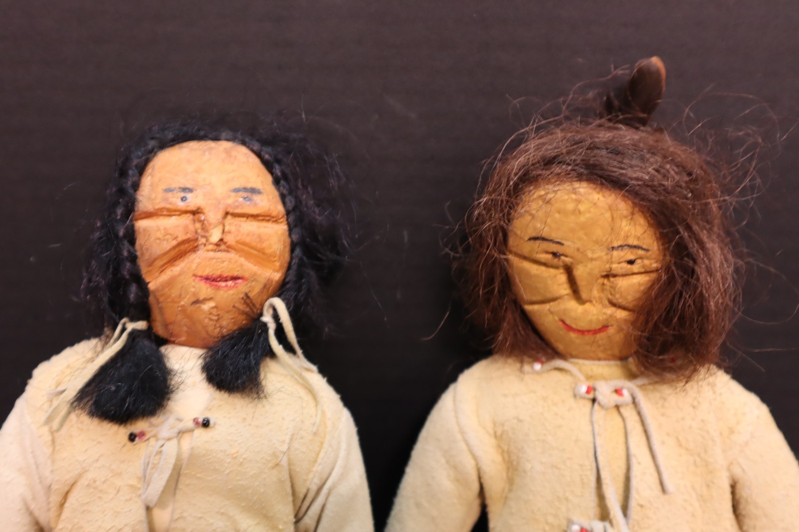 Antique Pair of NATIVE AMERICAN SIOUX Indian Wood Carved Leather Hide Dolls