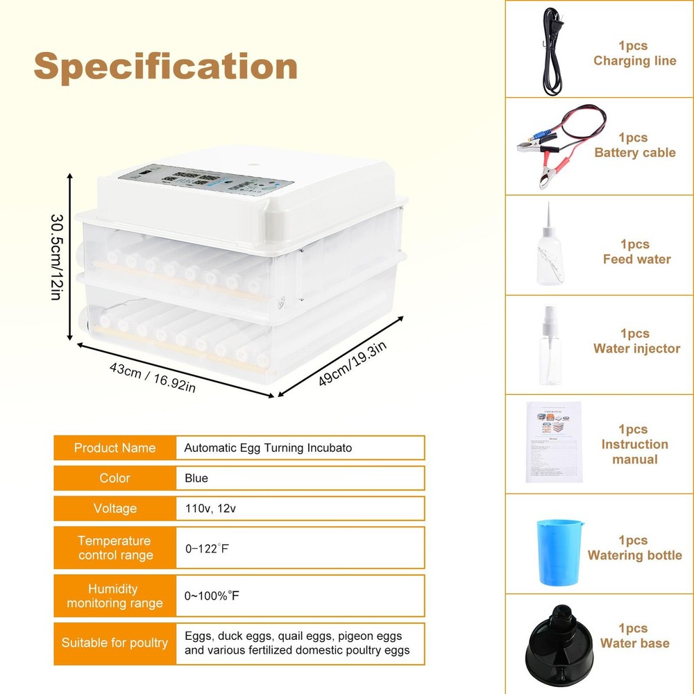 120 Egg Incubator with Automatic Egg Turning Egg Hatching Temp & Humidity Contro